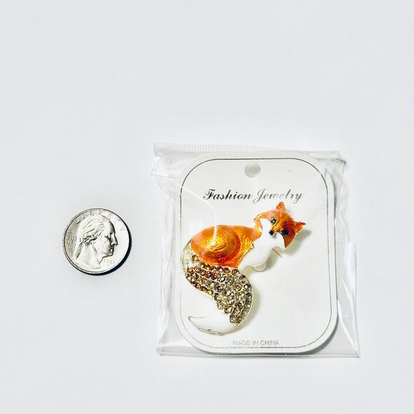 Orange Fox Enamel Rhinestone Brooch - Picture 3 of 5